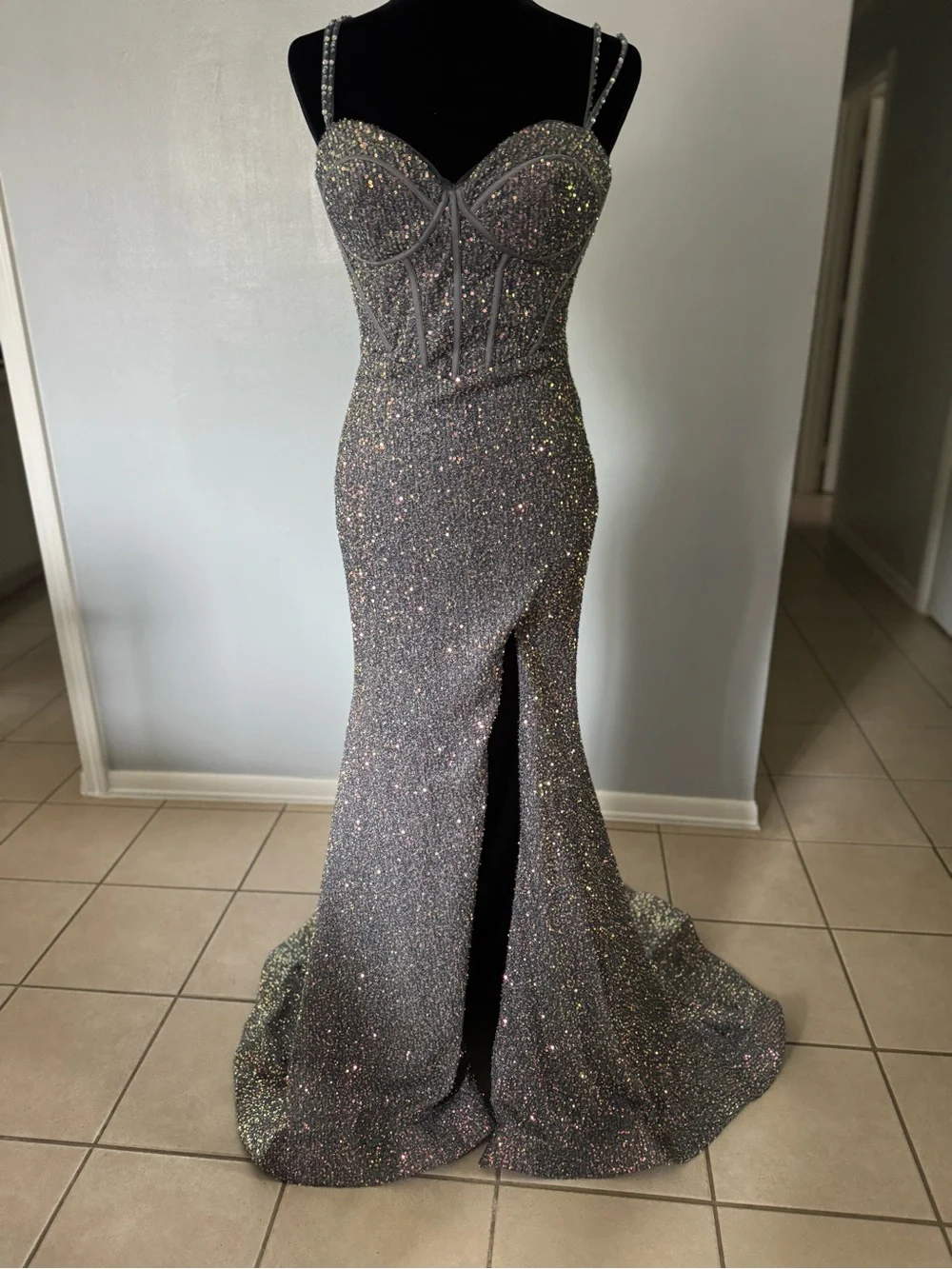 Cinderella Silver Sequin Beaded Corset Prom Gown with Thigh Slit
